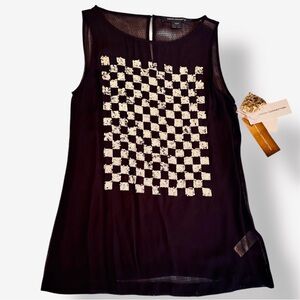 FRENCH CONNECTION Silver Sequin Checkerboard Sheer Black Sleeveless Top Blouse